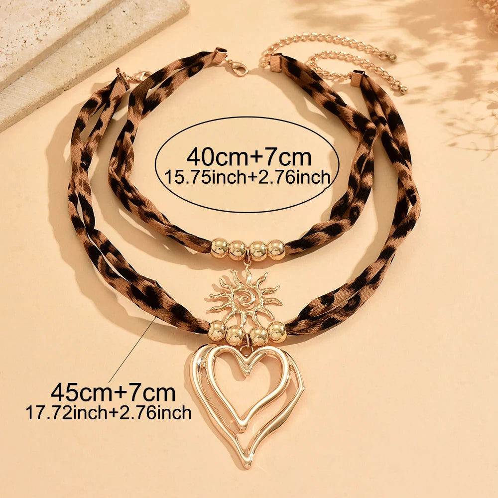 Leopard Print Layered Ribbon Choker Necklace Gold Y2K Heart Sun Pendant Adjustable Bohemian Jewelry for Women