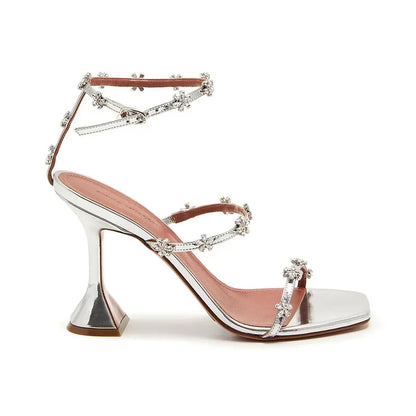 Luxury Crystal Flowers Women Sandals Fashion Ankle Strap Buckle High Heels Gladiator Sandals Elegant Summer Wedding Prom Shoes