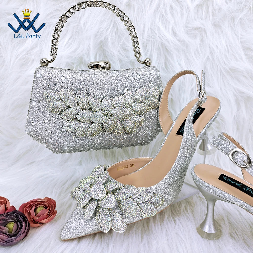 Pointed Toe High Quality in Silver Color Novelty Style Italian Design Shoes Matching Bag Set with Appliques for Wedding