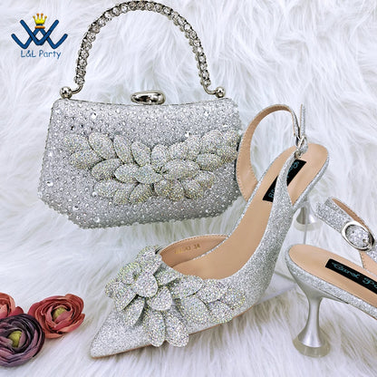 Pointed Toe High Quality in Silver Color Novelty Style Italian Design Shoes Matching Bag Set with Appliques for Wedding