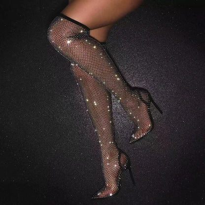 Sexy Bling Rhinestone Mesh Shoes Over The Knee Boots Women Pointed Toe Sandals Nightclub High Heels Femininas 2026