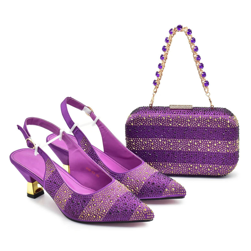 Luxury Italian Shoes and Bag Set for Women Elegant Shoes Woman Heel Nigeria Party Shoes and Bags for Women Rhinestone Pumps