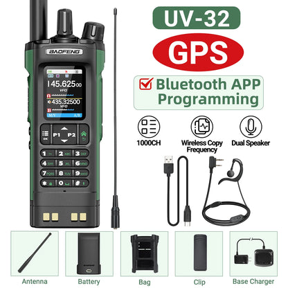 BAOFENG UV-32 GPS Walkie Talkie 10W Multi Band Bluetooth Programming Wireless Copy Frequency NOAA Long Range Ham Two Way Radio