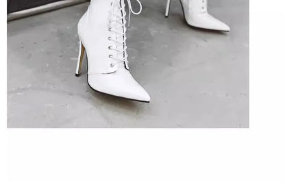 12CM Stiletto Heels Botas Mujer Fashion Pointed Lace-up Ankle Boots Roman Ladies Shoes Autumn Winter Women Emboss Short Booties