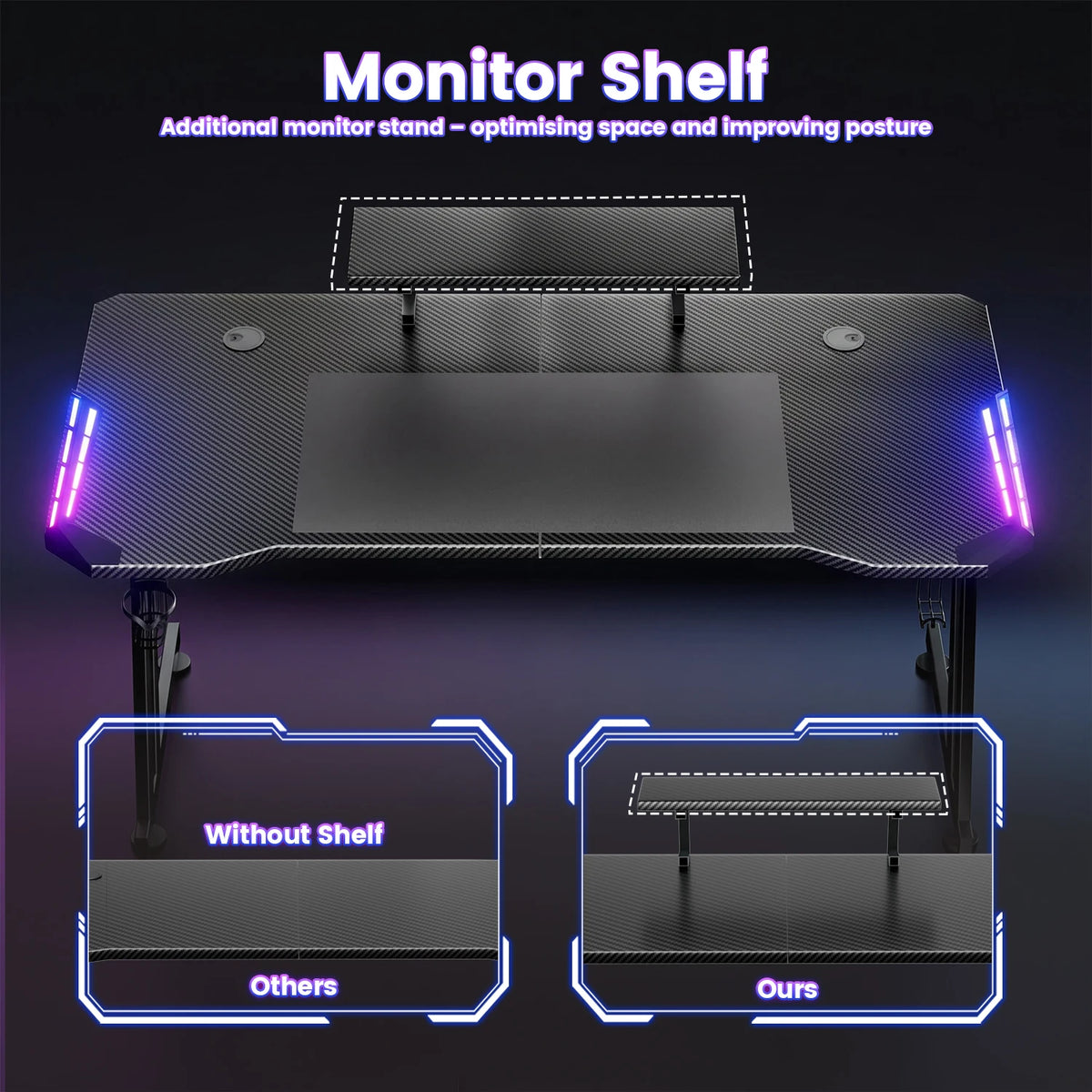 FRODROVIA Gaming Desk with APP RGB LED Lights, Carbon Fiber Surface Gaming Computer Desk with Removable Monitor Riser, Cup Holder & Headphone Hook, Screw‑Type Adjustable Leveling Feet for Gaming Room Home Office