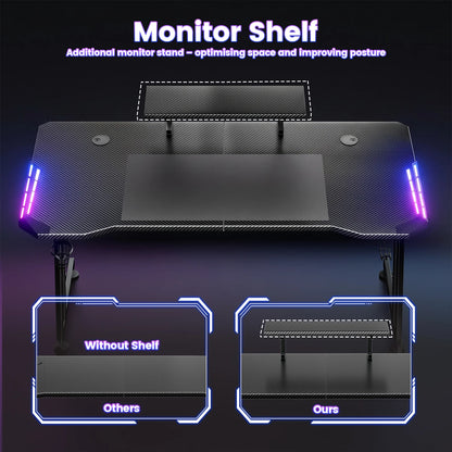 FRODROVIA Gaming Desk with APP RGB LED Lights, Carbon Fiber Surface Gaming Computer Desk with Removable Monitor Riser, Cup Holder & Headphone Hook, Screw‑Type Adjustable Leveling Feet for Gaming Room Home Office