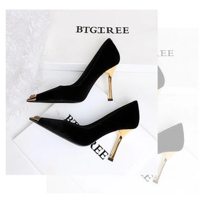Women Peach Pink Velvet Metal Capped Pointed Toe Pumps Gold Trapezoid Thin High Heels Gentle Retro Luxury Date Banquet Ladies