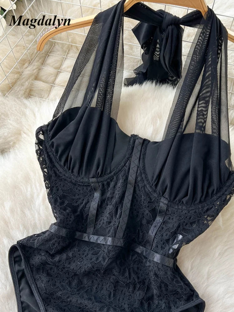 Magdalyn Women Sexy One Piece Mesh Rompers Tulle Skinny Fashion Streetwear INS Slim Catsuits Hollow Floral Combination Bodysuits