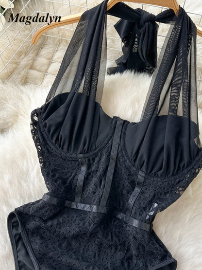 Magdalyn Women Sexy One Piece Mesh Rompers Tulle Skinny Fashion Streetwear INS Slim Catsuits Hollow Floral Combination Bodysuits