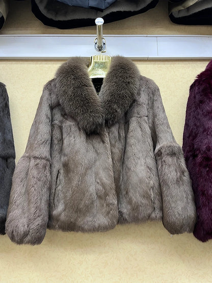 Fashion 100% Real Rabbit Fur Coat With Luxury Natural Fox Fur Collar Jacket Genuine Full Pelt Whole Rabbit Fur Overcoat