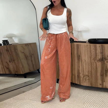 Elegant Sequined Women's Trouser Mid-Waist Lace Up Straight Mop Pants 2026 Summer Autumn Fashion Female All-Match Bottom