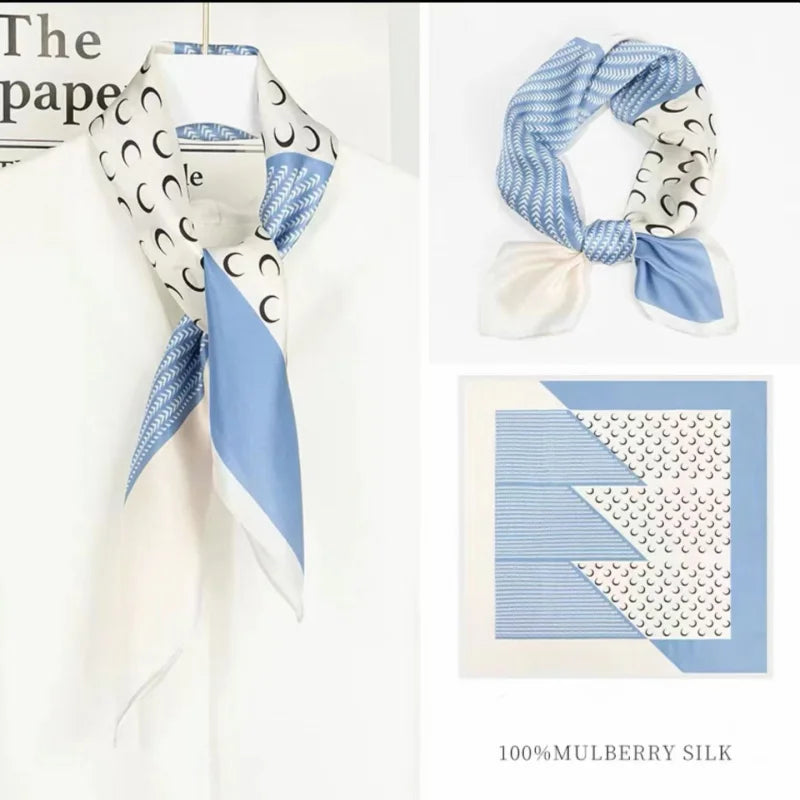 100% Natural Mulberry Silk Square Scarf 53x53cm Blue White Moon Print Women Neck Scarf Headband Bag Scarf Elegant Gift