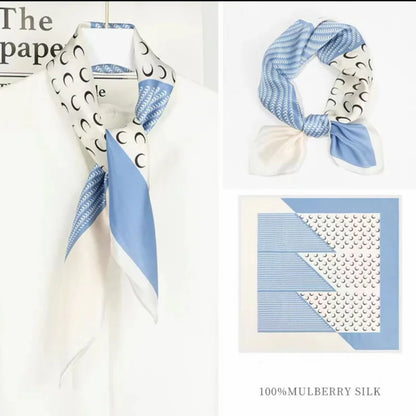 100% Natural Mulberry Silk Square Scarf 53x53cm Blue White Moon Print Women Neck Scarf Headband Bag Scarf Elegant Gift