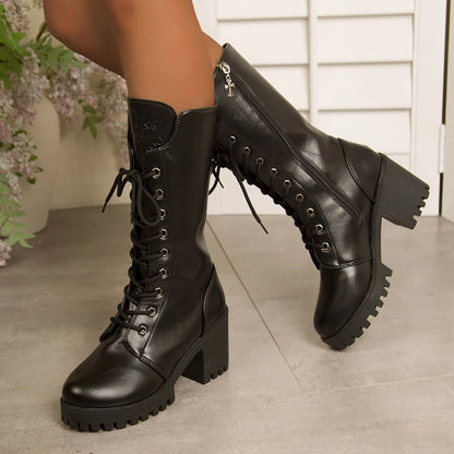 Autumn Women's Mid Calf Boots Chunky Heel Round Toe Platform Boots Black Leather Side Zip Botas Mujer Large Size 35-43 Fashion