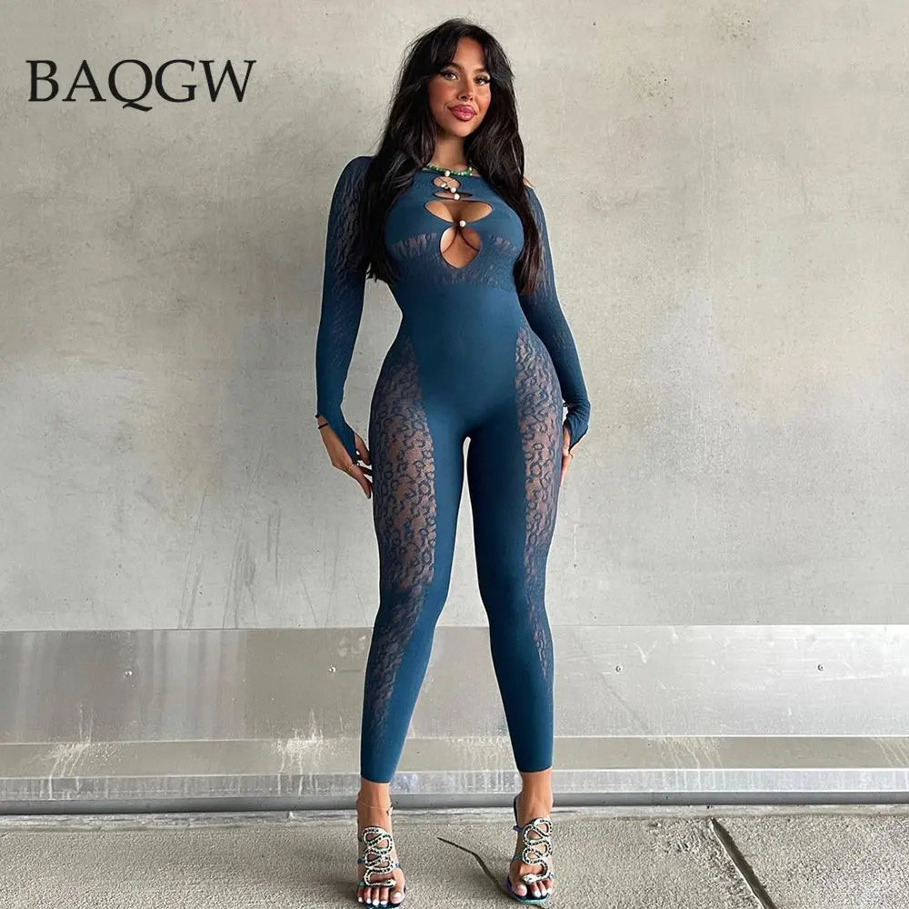 Sexy Deep V Neck Cut Out Mesh Hollow Out Slim Jumpsuit Women Print Long Sleeve Button See Through Pencil Pants One Piece Rompers
