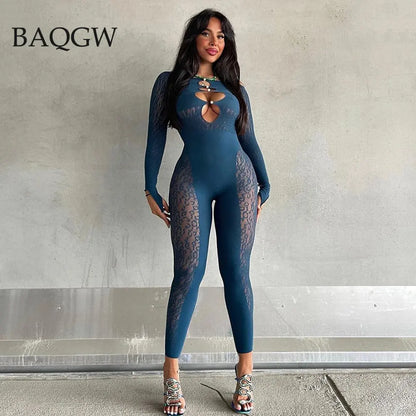 Sexy Deep V Neck Cut Out Mesh Hollow Out Slim Jumpsuit Women Print Long Sleeve Button See Through Pencil Pants One Piece Rompers