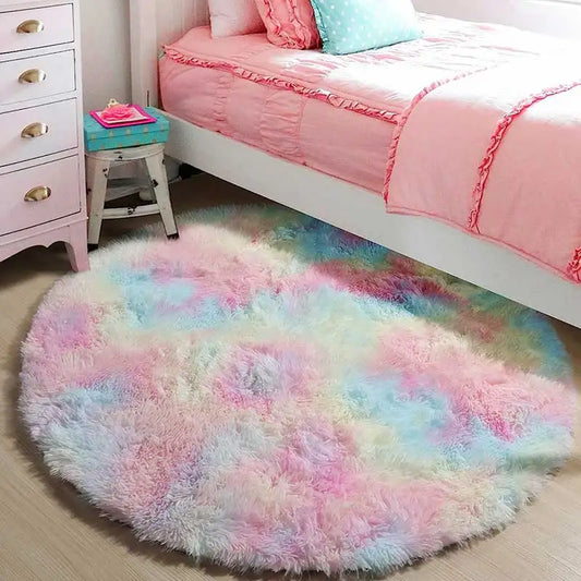 60/80/100/120/140/160 Round Rug Rainbow Fluffy Soft Area Rugs for Kids Girls Room Plush Shag Carpet Cute Circle Bedroom Decor