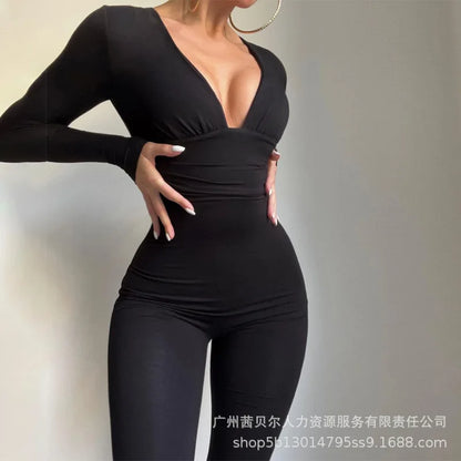 Women Black Jumpsuits Long Sleeve Slim Fits Solid Color Deep V Skinny Pants Rompers Low Neck Sexy Tight Jumpsuit Fashion