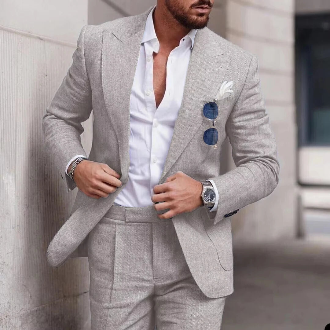 Men's 2 Piece Linen Suit Slim Fit Notch Lapel Casual Blazer Jacket & Trousers Business Wedding Party Formal Dress Set for Men