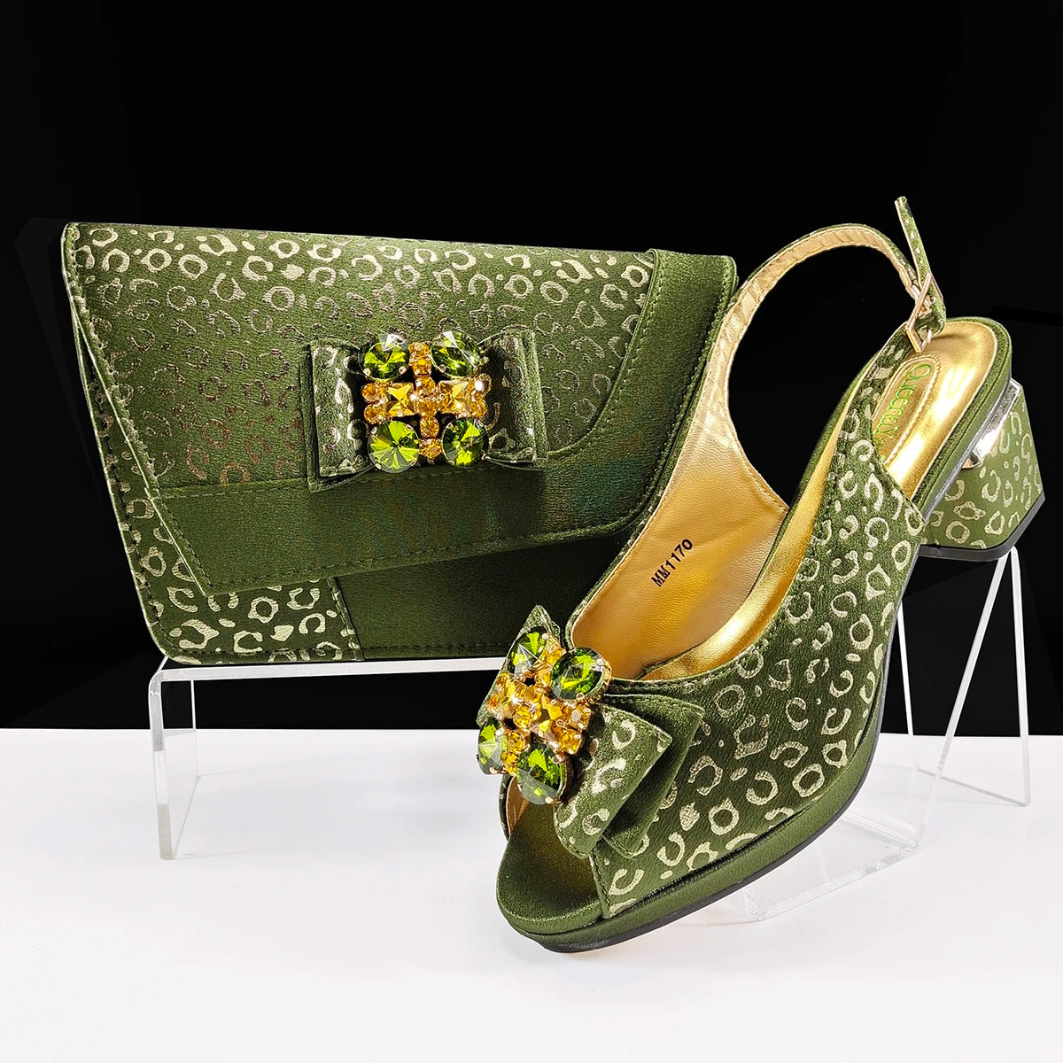 Doershow Italian green Shoes And Bag Sets For Evening Party With Stones Italian Leather Handbags Match Bags!  1-1