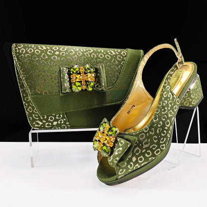 Doershow Italian green Shoes And Bag Sets For Evening Party With Stones Italian Leather Handbags Match Bags!  1-1