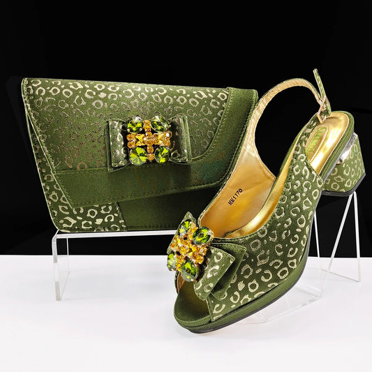 Doershow Italian green Shoes And Bag Sets For Evening Party With Stones Italian Leather Handbags Match Bags!  1-1