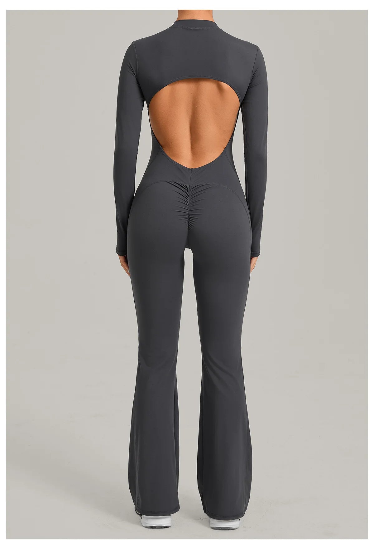 Women Long Sleeve Zip Yoga Bodysuit Cutout Back Scrunch Butt Lift Tummy Control Sweat Wicking Fabric Gym Workout Flare Jumpsuit