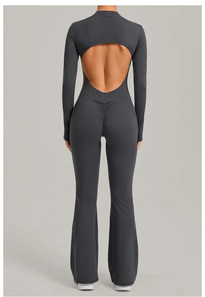 Women Long Sleeve Zip Yoga Bodysuit Cutout Back Scrunch Butt Lift Tummy Control Sweat Wicking Fabric Gym Workout Flare Jumpsuit