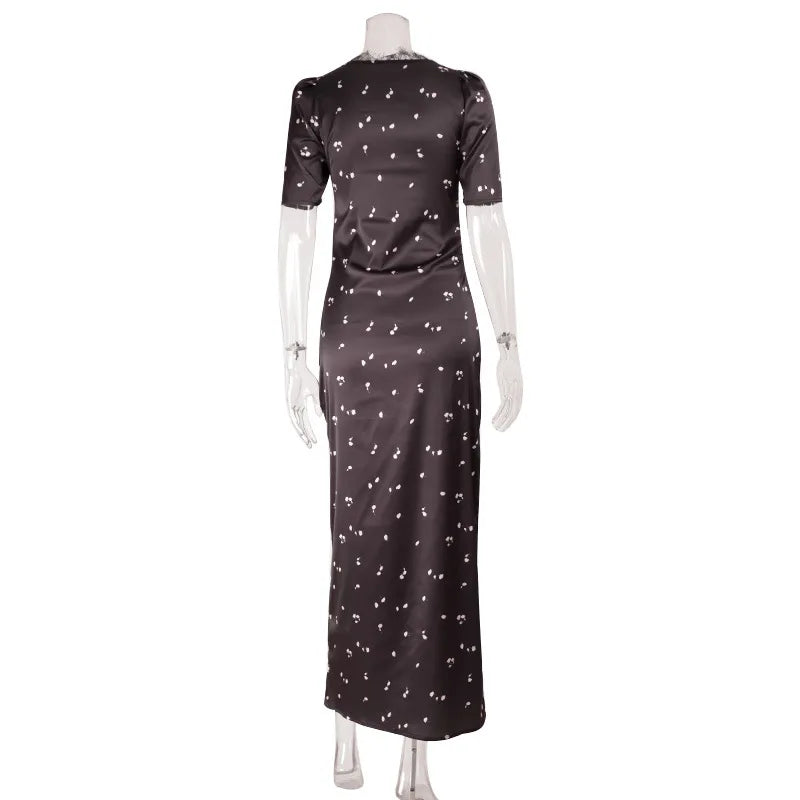 Polka Dot Backless Sexy Maxi Dress Women Gown Elegant Patchwork Lace Hollow out Deep V Neck Sleeveless Bodycon Club Party Dress