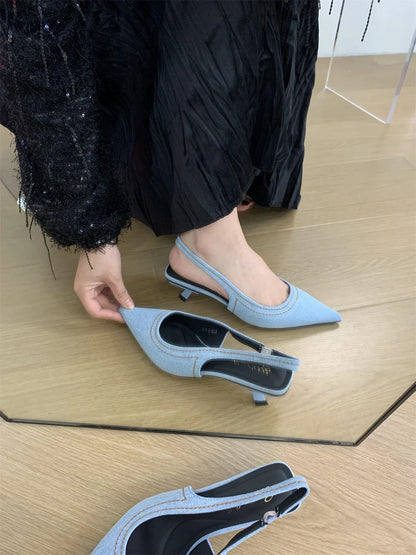 Bailamos Brand New Women Sandals Fashion Pointed Toe Shallow Slip On Ladies Elegant Slingback Shoes Med Heel Pumps Shoes Mujer