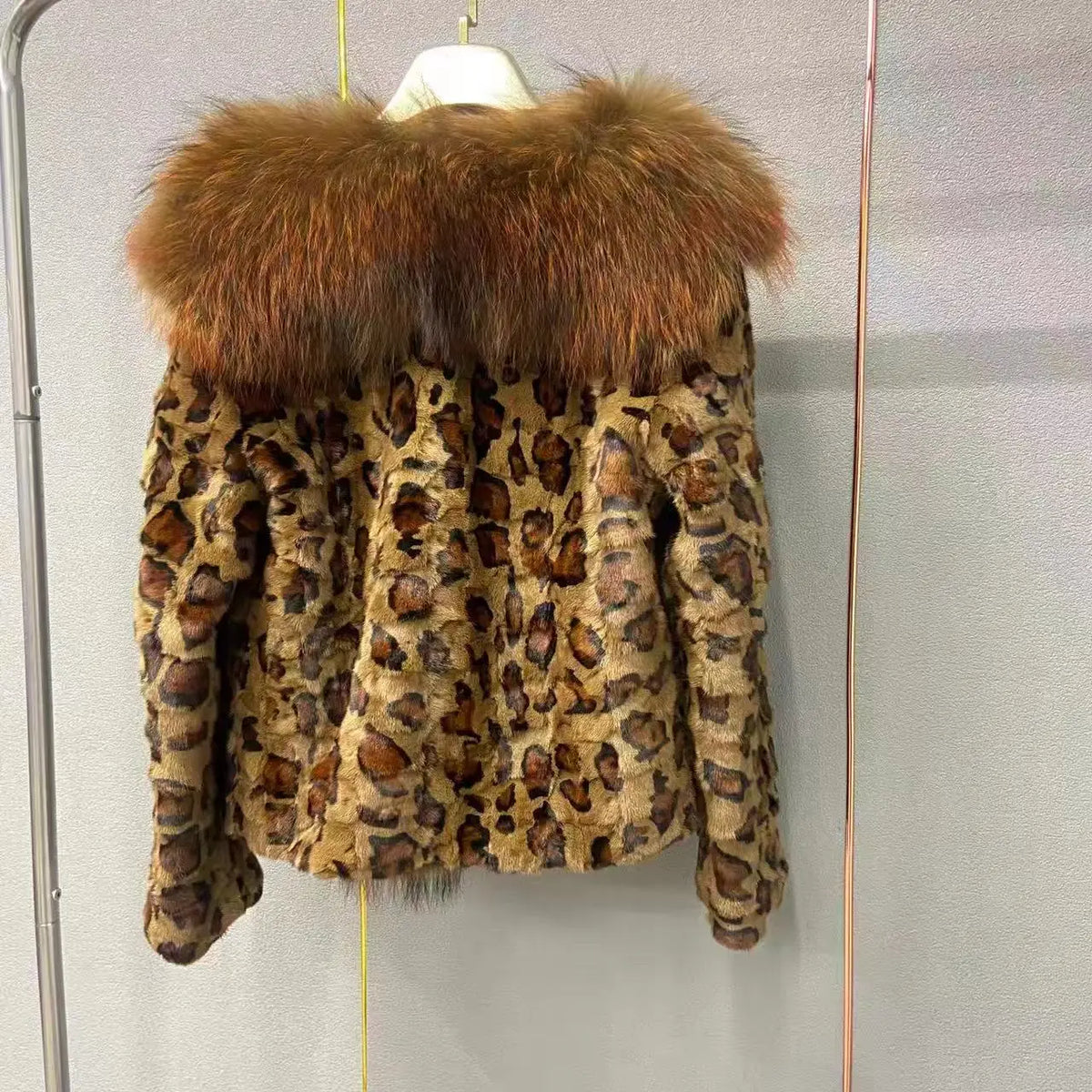 Women's Leopard Print Natural Mink Fur Coat with Big Raccoon Fur Collar Warm Winter Jacket for Cold Weather
