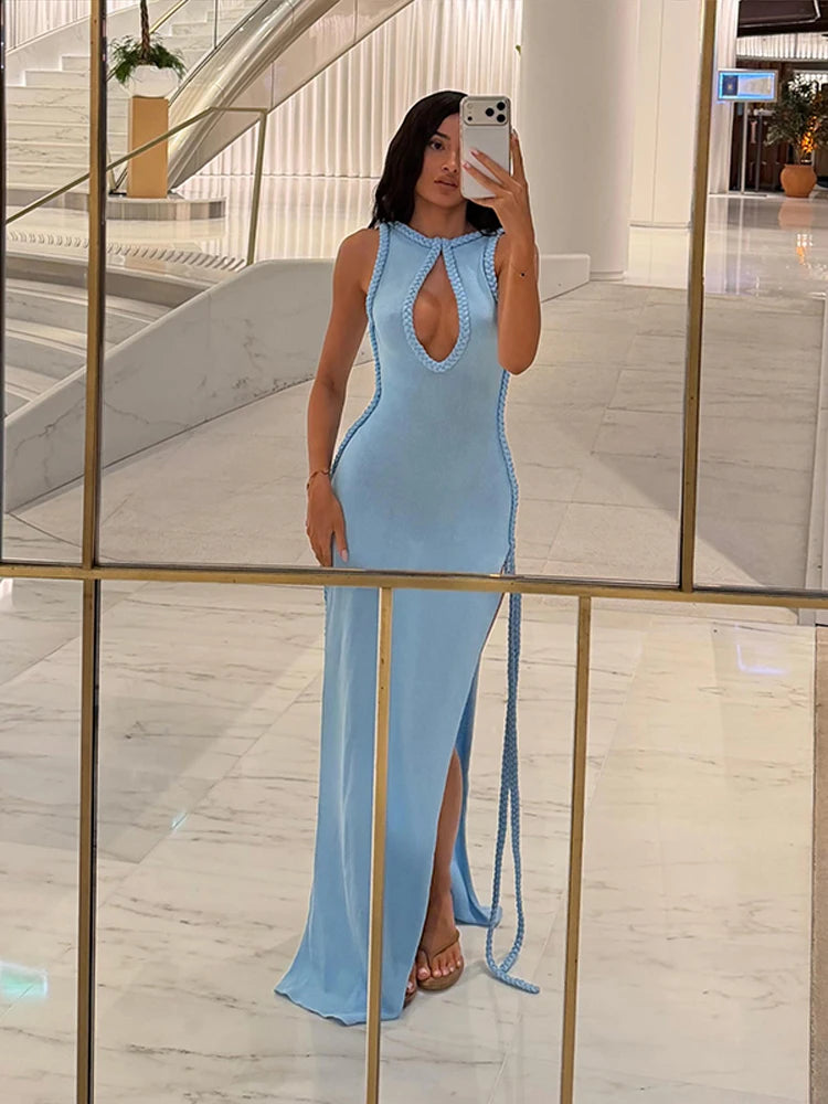 Braided Trim Sexy High Slit Dress Lady Sleeveless Hollow Out Backless Bodycon Maxi Dresses 2026 Summer Elegant Chic Evening Gown