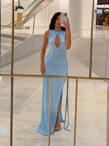 Braided Trim Sexy High Slit Dress Lady Sleeveless Hollow Out Backless Bodycon Maxi Dresses 2026 Summer Elegant Chic Evening Gown