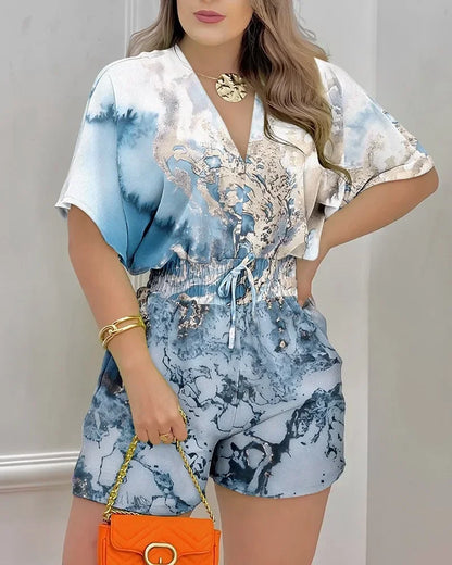 Rompers Elegant Women Short Sleeves Jumpsuits 2024 Summer Female Overalls Loose Casual Print Waist Wrapped One Piece Shorts