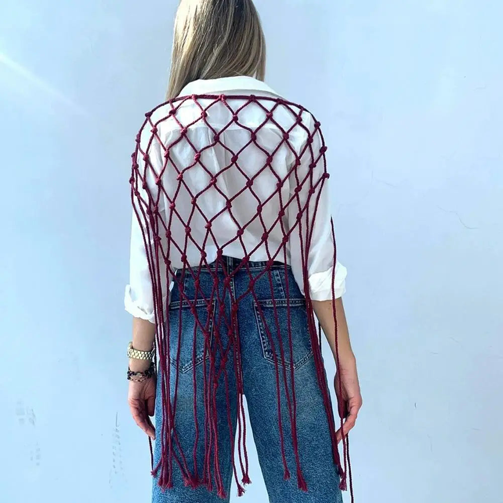 Bohemian Netted Fringe Scarf Handwoven Bikini Women Mid Waist Skirt Ethnic Design Mesh Tassel Waistband Decorative Butt Curtain
