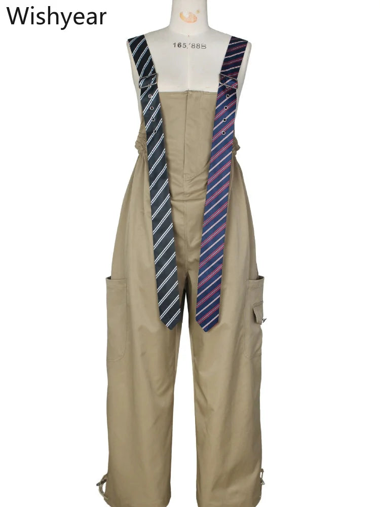 Women’s Overalls Jumpsuit Long Sleeve Shirt Style Patchwork Tie Detail Wide Leg Cargo Pants Casual Office Work Party Streetwear