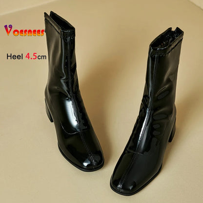 Black Thick Heel Short Boots For Women 4.5CM Fashion Back Zipper Autumn Winter Woman Shoes Square Toe Leisure Daily Ankle Boots