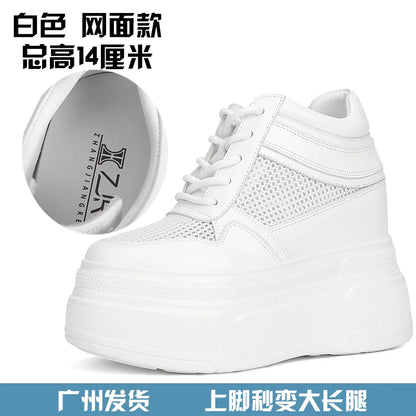 10-14cm Chunky Sneakers Women Platform Shoes Elevator Shoe White Mesh Breathable Sneakers Real Leather Increasing Shoes