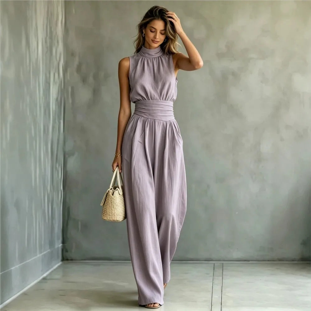 Summer New Fashion Half Turtle Collar Sleeveless Women's Jumpsuit 2026 Elegant Slim Waist Shaping Wide Leg Female Rompers