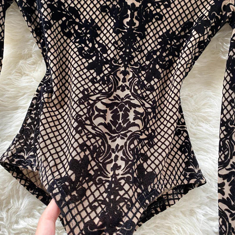 SINGREINY Fashion Women Velvet Slim Playsuits Long Sleeves Vintage Bodycon Rompers Streetwear Y2K Ins Chic Mesh Sexy Bodysuits