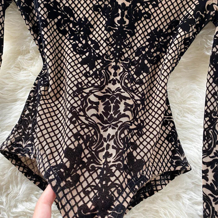 SINGREINY Fashion Women Velvet Slim Playsuits Long Sleeves Vintage Bodycon Rompers Streetwear Y2K Ins Chic Mesh Sexy Bodysuits