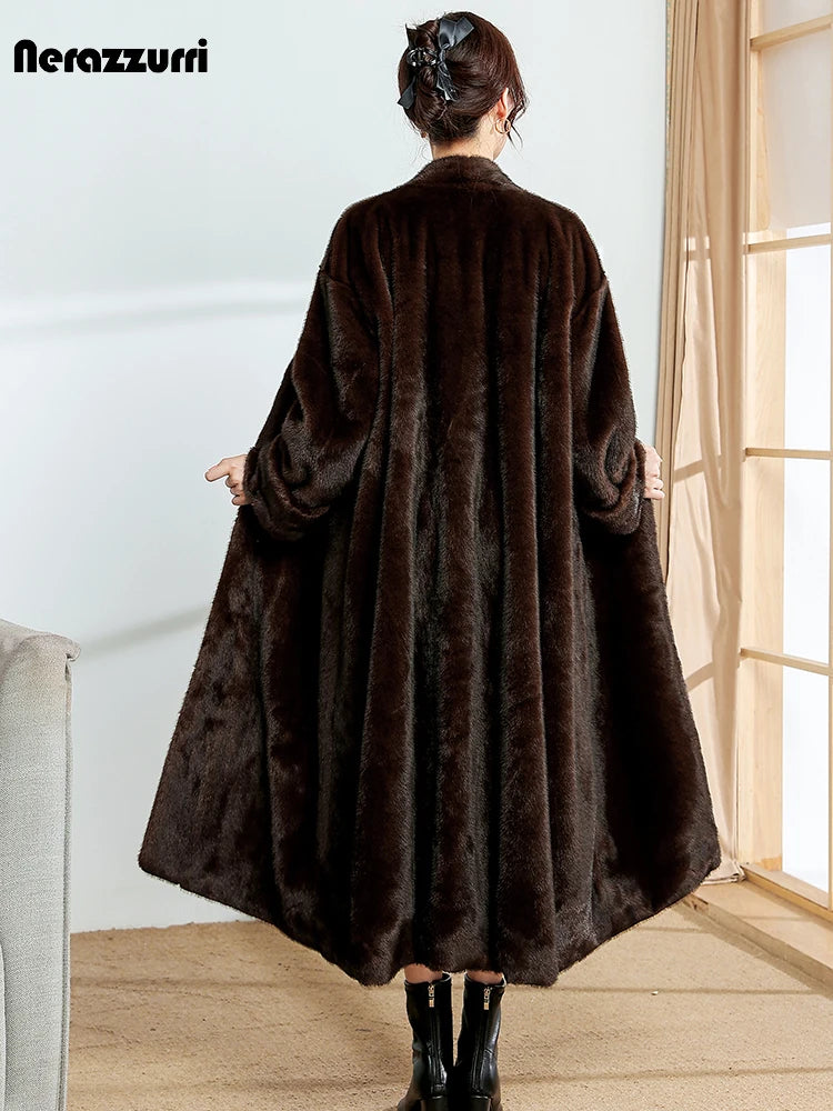 Nerazzurri Autumn Winter Long Brown Thick Warm Elegant Luxury Fluffy Faux Mink Fur Coat Women V Neck Sashes Chic Furry Overcoat