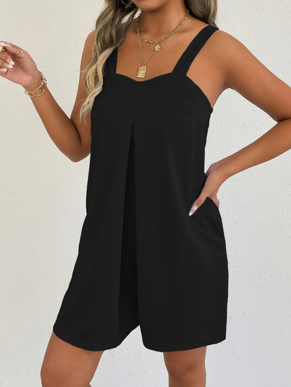 Women Sleeveless Strap Short Romper Heart Neck Pleated Wide Leg Jumpsuit With Pockets Loose Summer Casual Beach Vacation Outfit