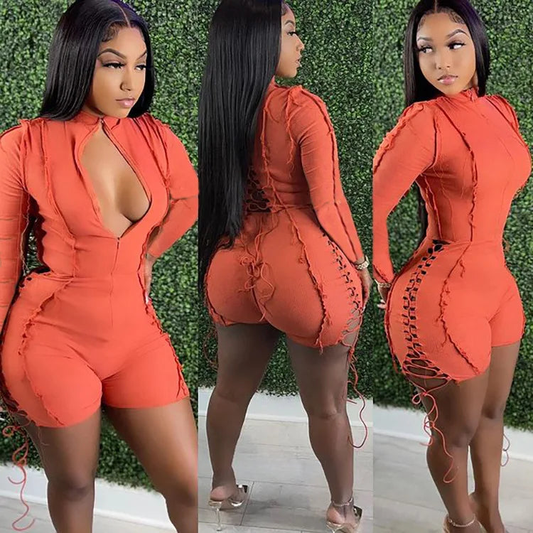Jump Suits Women One Piece Full Sleeve Drawstring Overalls Short Pants Tight Waist Rompers Hollow Out Y2k Streetwear Sexy 2026
