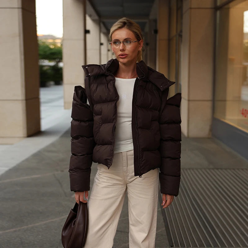 Detachable Sleeve Hooded Quilted Jackets 2026 Winter Ladies Solid 2-in-1 Zippers Waistcoat Cotton Coats Women's Warm Outwear