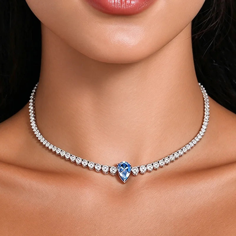 Smyoue Water Drop Moissanite Tennis Necklace for Women Female Choker Chain Gradient Round Stone Real S925 Silver Full Diamond