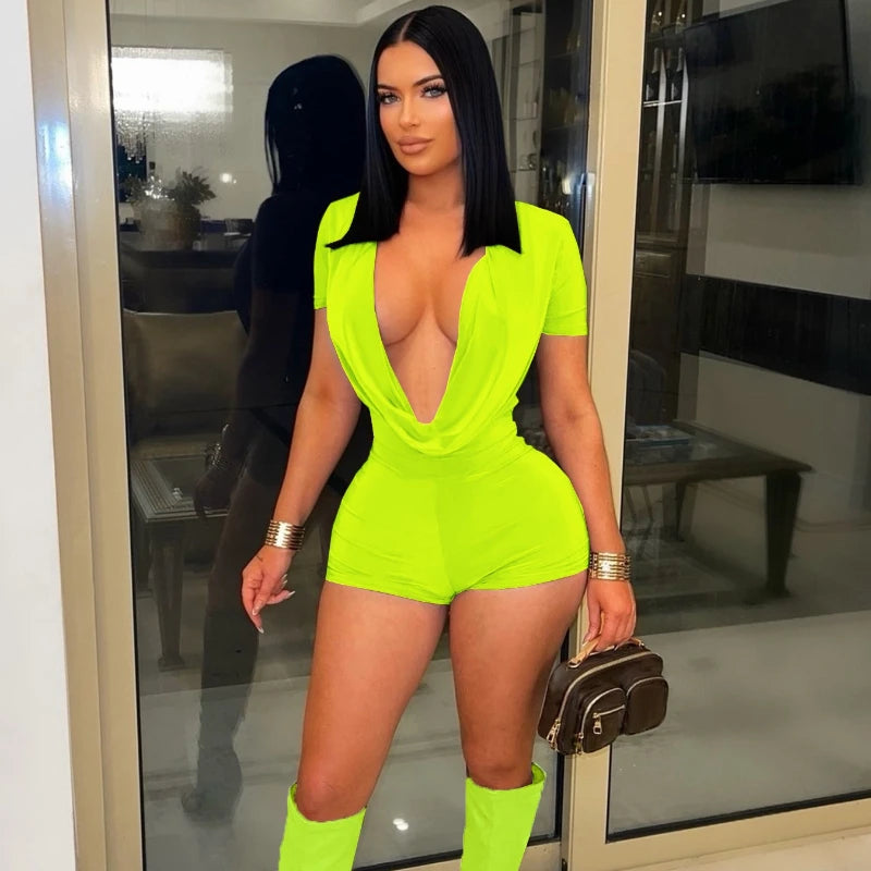 Sexy Deep V-neck Solid Bodycon Romper for Woman Jumpsuits Short Sleeve Skinny One Pieces Playsuit Club Party Combishort Femme