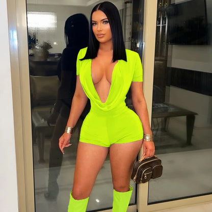 Sexy Deep V-neck Solid Bodycon Romper for Woman Jumpsuits Short Sleeve Skinny One Pieces Playsuit Club Party Combishort Femme