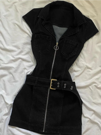 American Retro Black Denim Short Dress Women Summer Zipper Elegant Slim One Piece Dress Korean Fashion Design Casual Clothing