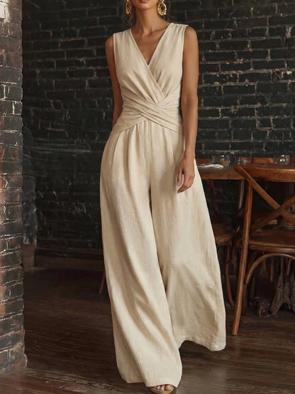 Fashion Light Blue Wide Leg Pants Jumpsuit Women's V-neck Sleeveless Cross Wrap Waist Design Rompers Summer Casual Jumpsuits